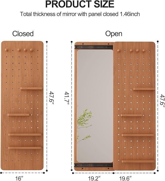 KungFuWood Full Length Mirror with Shelf and Hooks,Entry Way Mirrors for Wall,Wall Mirror with Shelf,Wall Mirror with Storage Multifunctional Design Panel,Living Room