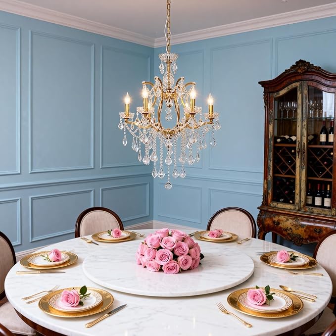 Luxury Antique Gold Crystal Chandeliers with Candle Pendant Ceiling Light Fixture - 6 Lights Polished Golden Bronze Crystal Chandelier for Dining Room, Living Room, Kitchen, Bedroom