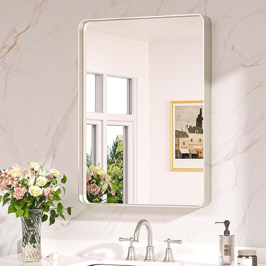 Keonjinn 22 x 30 Brushed Nickel Bathroom Mirrors for Over Sink, Rounded Rectangle Bathroom Vanity Mirror, Brushed Silver Framed Farmhouse Mirror, HD Tempered Glass Wall Mirror(Horizontal/Vertical)