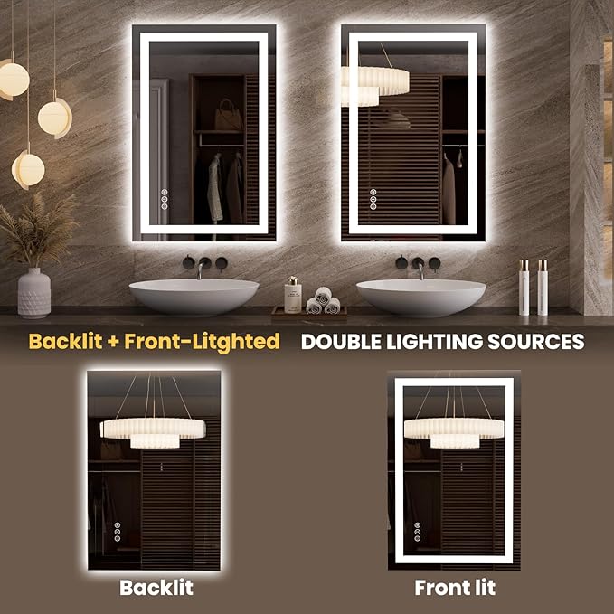 LOAAO 23.6"x35.4" LED Mirror for Bathroom, Lighted Bathroom Mirror with Lights, Anti-Fog, Dimmable, Memory Function, Easy to Install, Clear Reflection