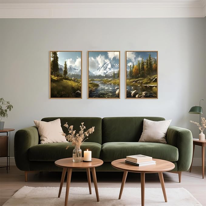 Large Watercolor Snow Mountain Framed Canvas Wall Art,Modern River Grassland Wall Decor,Natural Green Forest Artwork,Neutral Wood Landscape Art Print for Living Room,Bedroom,Office- 16"x24"x3
