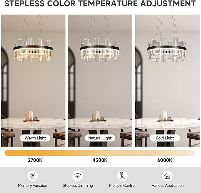 Modern Round Crystal Led Chandelier: 19.7" Black Luxury Chandeliers over Dining Table - Dimmable 3 Color Decorated Light Fixture - Elegant Drum Sparkly Chandelier for Living Room Bedroom with Remote