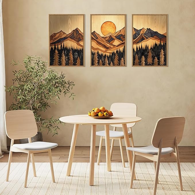 Ausril Woodcut Mountain Pine Tree Framed Canvas Wall Art Set of 3-16x24 Inch, Vintage Nature Forest Wilderness Landscape Print, Brown Boho Style Painting for Living Room, Bedroom, Office Decor