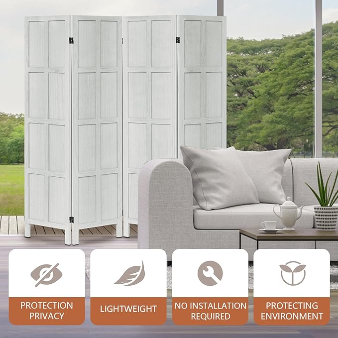 4 Panel Room Divider and Folding Privacy Screen, Classic 5.6Ft Wood Room Divider Wall, Partition Screen Divider for Room Separation for Home Office, Bedroom, Office, Dressing Room, White