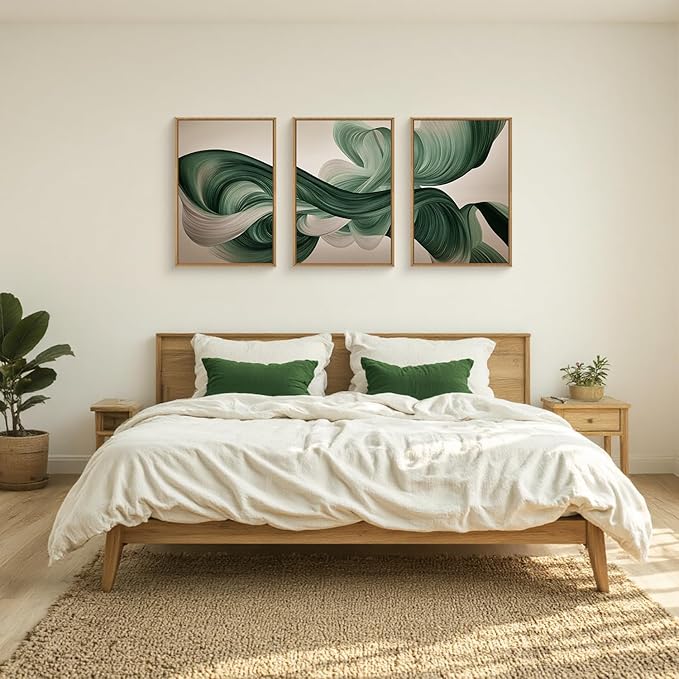 KAIRNE Green Abstract Wall Art Set of 3, Minimalist Green Lines Wall Decor, Modern Flowing Texture Painting for Living Room, Bedroom, Office, Framed Easy to Hang 24x36 Inches