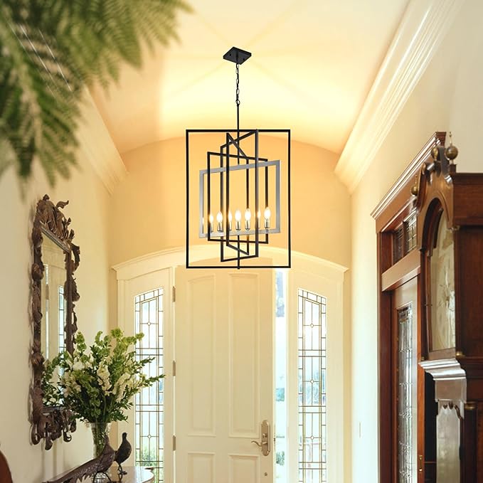 7-Light Farmhouse Lantern Pendant Light Fixtures, Rustic Industrial Foyer Lighting Fixtures, Large Foyer Chandeliers for High Ceilings, for Dining Room, Kitchen Island, Entryway（Black & Silver）