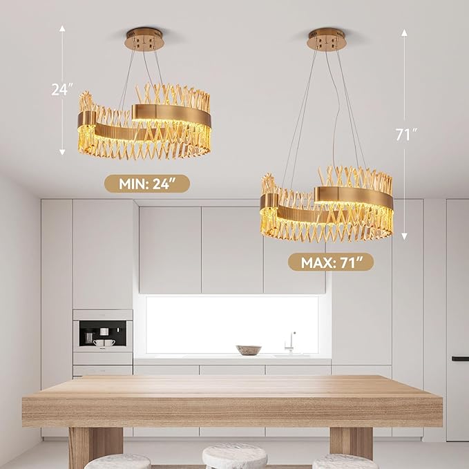 Modern Gold Chandeliers, 24" LED Dining Room Light 60W Dimmable Luxury Crystal Round Chandelier for Kitchen Island Bedroom Foyer Entryway Living Room, Brass