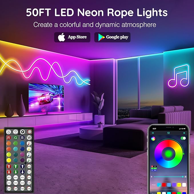 50Ft Neon Rope Lights,Flexible Led Rope Lights Control with App/Remote,Multiple Modes Rope Lights,IP65 Outdoor RGB Led Neon Lights Waterproof,Music Sync Gaming Led Neon Light Strip for Bedroom Decor