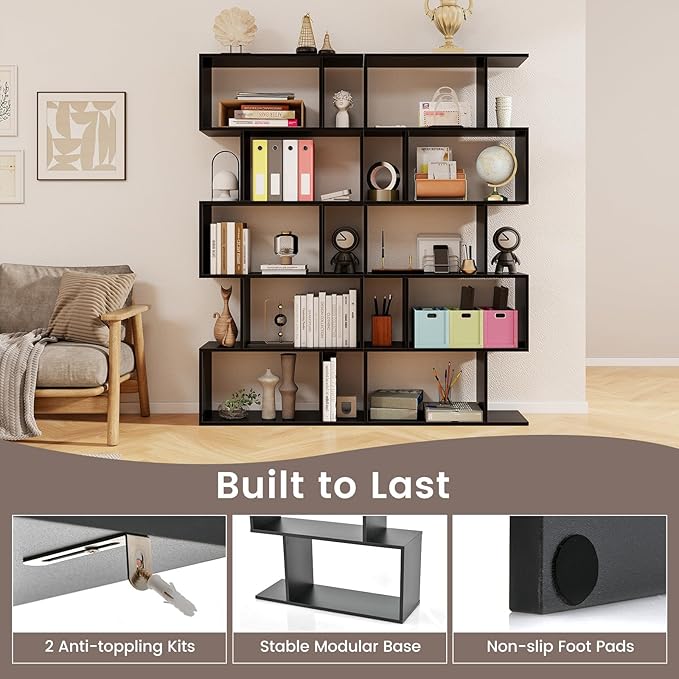 5 Tier Geometric Bookcase, S Shaped Bookshelf, Modern Decorative Storage Shelving, Wooden Room Divider Bookcase, 62.5" Tall Staggered Display Book Shelf for Living Room (2, Black)