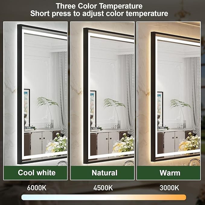 48x36 Inch LED Bathroom Mirror with Lights, Frontlit & Backlit Black Metal Frame Wall Mounted Lighted Vanity Mirrors, Double Lights Strips,Anti Fog Dimmable & 3 Colors Temperature