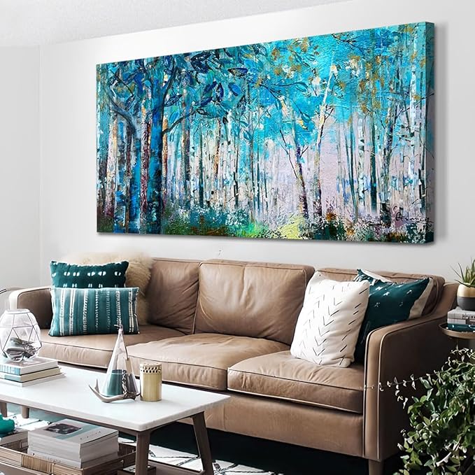 Ardemy Blue Tree Wall Art for Living Room Extra Large Canvas Wall Decor Forest Landscape Picture Bedroom Nature Teal Abstract Painting Artwork Textured Art for Home Office, 58"x29"