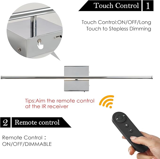 Battery Operated Wall Sconces with Remote Control, Dimmable Wall Sconces Set of Two, 350°Rotate, 3000K LED Chrome Wireless Wall Light for Living Room, Hallway, Bedroom, 32.2 Inch (2 Pack)
