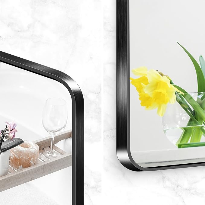 BONEWEI 24x40 inch Bathroom Mirror,Black Rectangle Mirror,Wall Mounted Bathroom Frame Vanity Mirror with Round Corner for Bedroom Living Room,Entryway Hangs Horizontal or Vertical