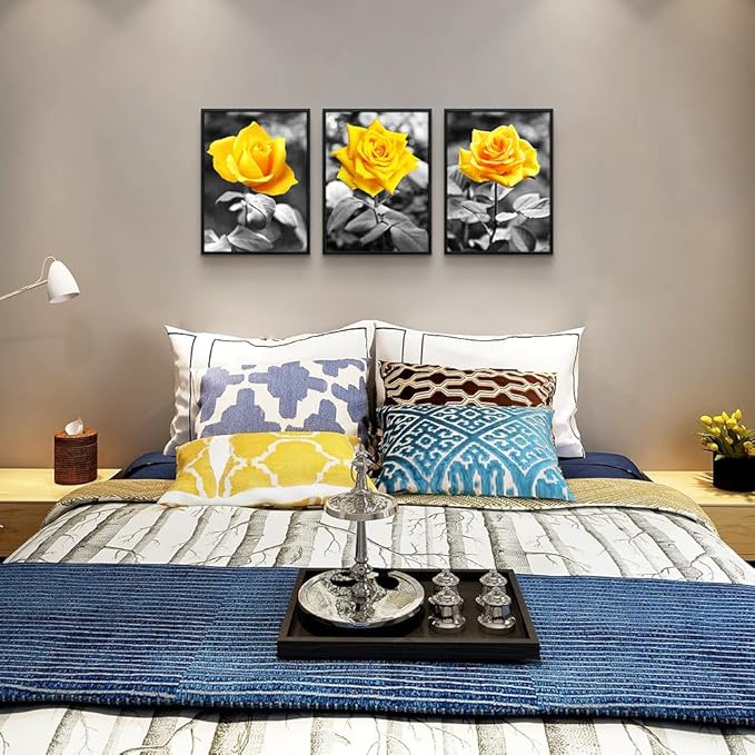 Black Framed Wall Art For Bedroom Living Room Wall Decor For Kitchen Office Decor Black And White Artwork Pictures Yellow Rose Flowers Print Frame Wall Painting Modern Room Home Decoration 3 Piece