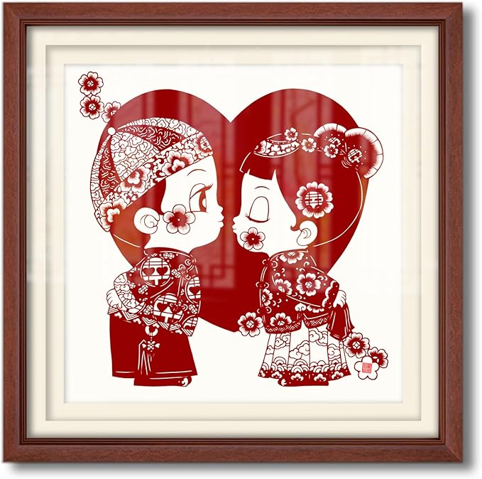 crmotu Chinoiserie Wall Art, Chinese Wedding Paper-Cutting Framed Wall Decor, Romantic Couple Wall Decor, Unique Folk Handmade Gift for Newlyweds Engagement Anniversary 26x26 Inch