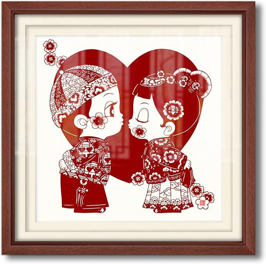 crmotu Chinoiserie Wall Art, Chinese Wedding Paper-Cutting Framed Wall Decor, Romantic Couple Wall Decor, Unique Folk Handmade Gift for Newlyweds Engagement Anniversary 26x26 Inch