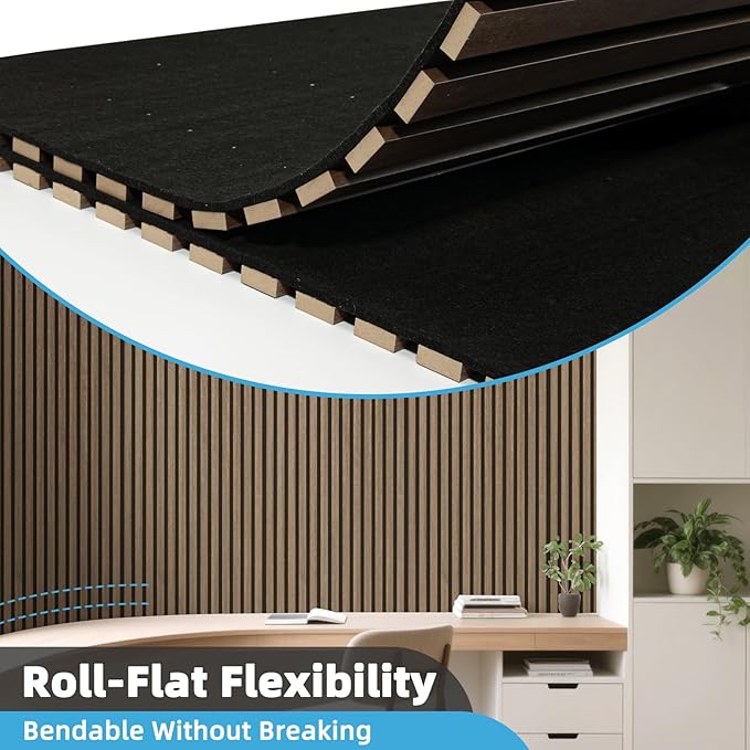 Art3d Acoustic Wood Slat Wall Panel with Roll-Flat Design - 95.3 x 23.8 Inch Sound Absorbing Panels for Living Room Columns Corridor Curved Wall Decor, 2-Pack Ebony