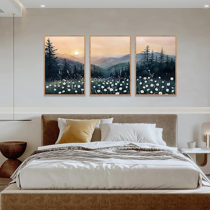 KAIRNE 3 Piece Framed Mountain Landscape Wall Art with Daisies, Sunset Forest and Misty Pine Tree Canvas Prints, Nature Scenery Home Decor for Living Room, Bedroom, Office, 16x24inch