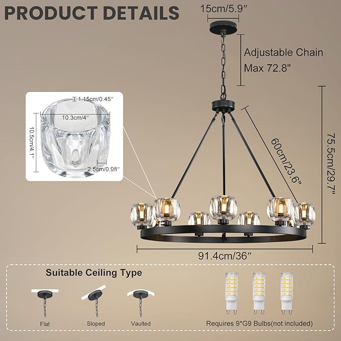 Black Wagon Wheel Chandelier, 36 Inch Black Chandeliers with Unique Glass Shade, 9-Light Crystal Farmhouse Wagon Wheel Chandeliers for Dining Room, Round Chandelier for Living Room, Foyer, Entryway