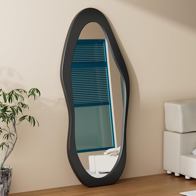 67" x 30" Irregular Wavy Full Body Mirror - Wooden Framed, Hanging/Leaning Wall Mounted for Cloakroom/Bedroom/Living Room