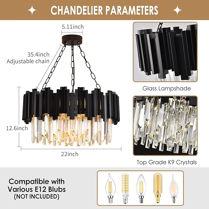 Black Crystal Chandelier Modern Crystal Chandelier for Dining Room Living Room 9-Light Round Contemporary Chandeliers Ceiling Hanging Pendant Light Fixture for Entryway Foyer Bedroom Staircase W22"