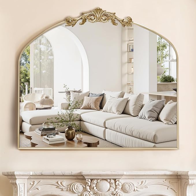 MISSDAY Vintage Retro Gold Baroque Mirror for Wall, 36"X30" Arched Antique Wall Mirror with Elegant Carving Top, Full Metal Frame Wall-Mounted Mirror for Bathroom, Living Room, Fireplace, Entryway