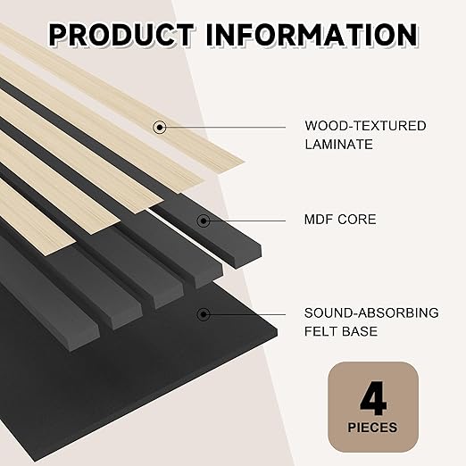 4 Pack Wood Slat Wall Wood Paneling,95 x 8 in Soundpoof Wooden Engineered Wooden Slat Wall Panels,Stylish Acoustic Wall Panels for Interior Walls Decor with Felt Backing,Natural