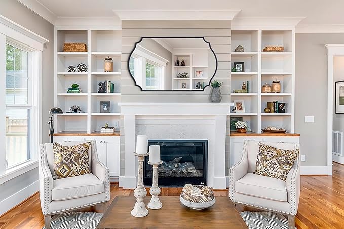 Chende Black Decorative Mirror, 32'' X 24'' Bathroom Mirror for Vanity Sink with Elegant Metal Frame, Modern Scalloped Mirror for Living Room, Mantel, Entryway, Dining Room