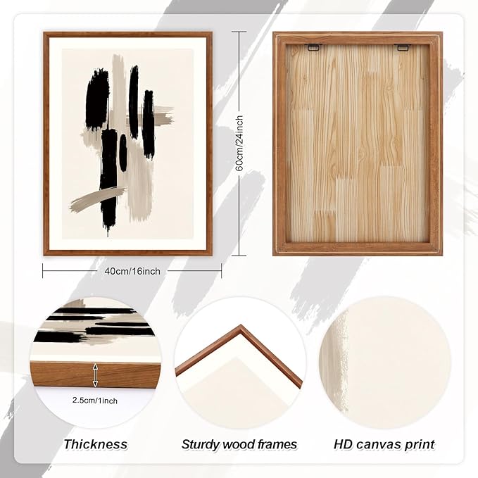 LHIUEM Grey Black Brown Framed Wall Art,Grey Abstract Pictures Set of 3(16”X24”) Minimalist Beige Cream Canvas Wall Art,Dance Lines Large Paintings,Blie Gray Wall Decor,Modern Room Decor for Bedroom
