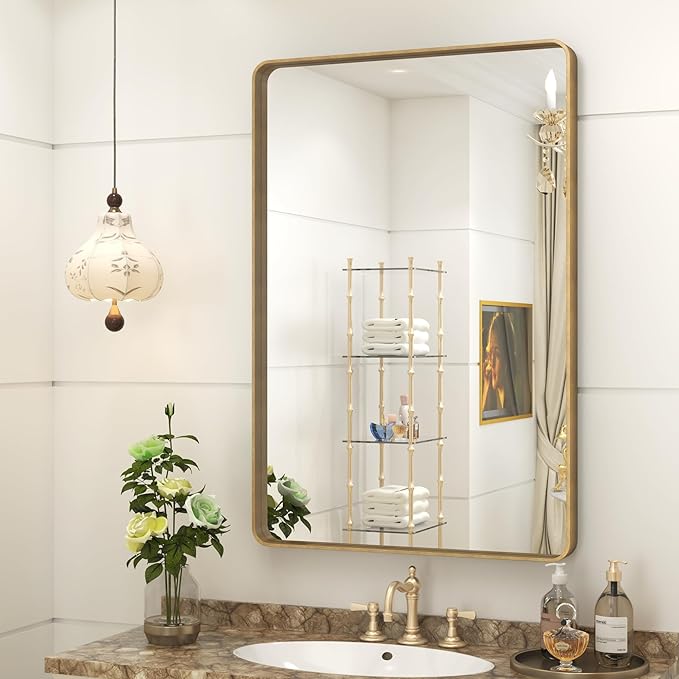 24x36 Brushed Gold Bathroom Mirror, Metal Gold Framed Vanity Mirror, Modern Rectangle Wall Mirror for Entryway, Anti-Rust (Horizontal/Vertical)