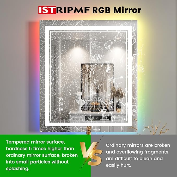 24x30 inch LED Bathroom Mirror with Lights RGB Backlit Color Changing Lighted Vanity Mirror for Bathroom Wall Dimmable Anti-Fog Led Mirror for Bathroom(RGB Backlit + 3 Front-Lighted)