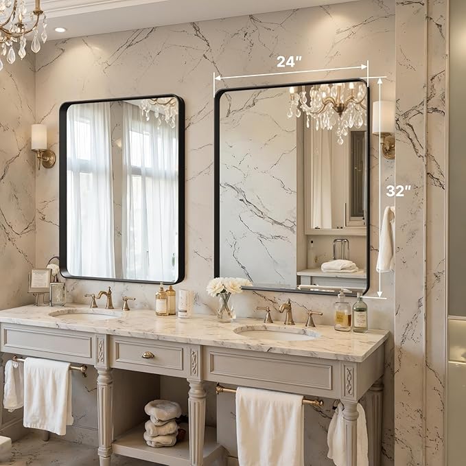 Kosmonia 32x24 Bathroom Vanity Mirror for Wall, Aluminum Framed, Farmhouse Rectangle, Anti-Rust, HD Reflection Anti-Desilvering, Distortion Free, Tempered and Shatter-Proof Wall Mounted Mirror, Black