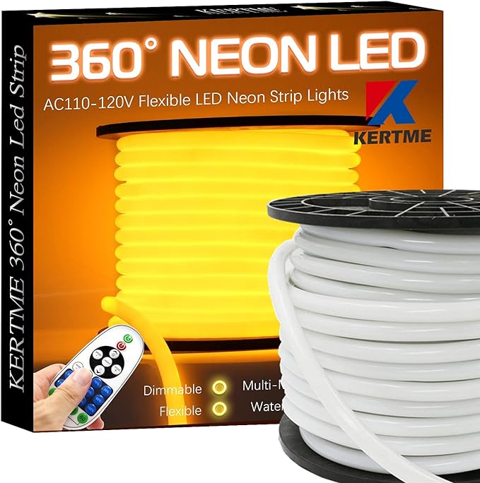 360° Neon Led Type AC 110-120V 360 Degree NEON LED Light Strip, Flexible/Waterproof/Dimmable/Multi-Modes LED Rope Light + Remote for Home/Garden/Building Decor (32.8ft/10m, Golden Yellow)