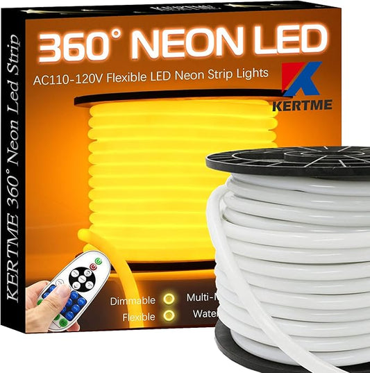 360° Neon Led Type AC 110-120V 360 Degree NEON LED Light Strip, Flexible/Waterproof/Dimmable/Multi-Modes LED Rope Light + Remote for Home/Garden/Building Decor (98.4ft/30m, Golden Yellow)