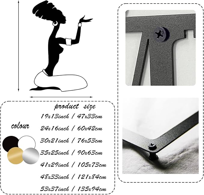 Metal African Woman Wall Art, Black Woman Wall Art, African American Figurines Decor, African Art Sculptures, Tribal Wall Art, Modern Abstract Wall Art, Wall Hangings for Living Room (White, 53"x37"|135x94cm)