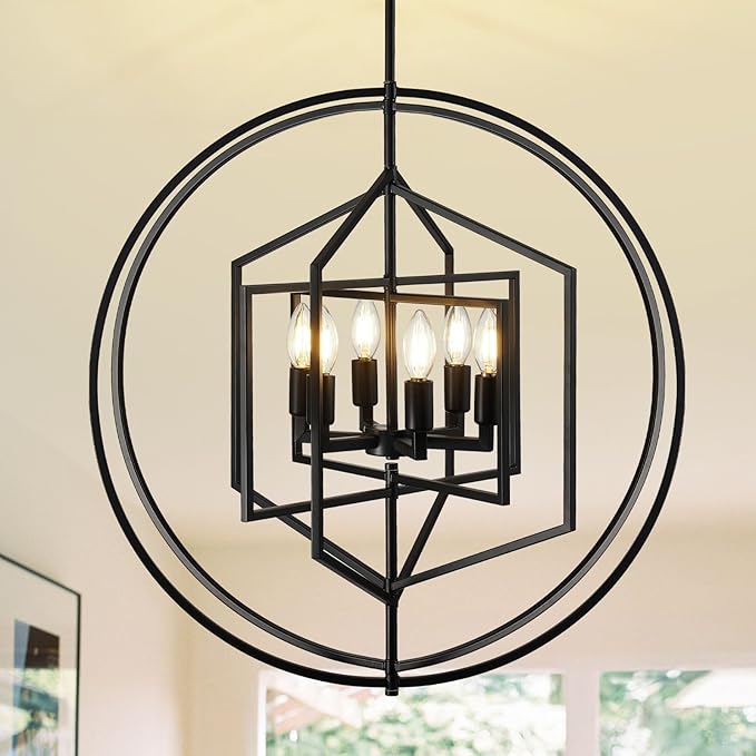26 Inch Black Chandelier, 6-Light Farmhouse Chandelier for Entryway, Industrial Foyer Lighting Fixtures, Large Chandeliers for High Ceilings, Modern Hanging Pendant Lights for Living Room, Staircase