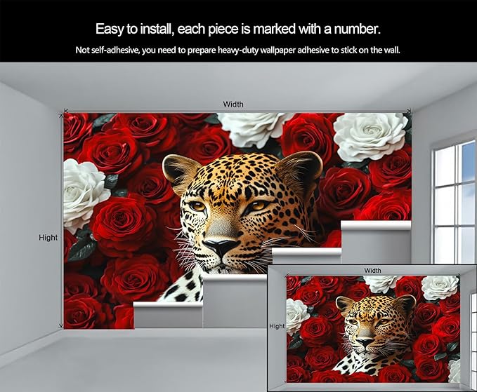 Leopard Mural Wallpaper, Floral Leopard Murals, 3D Wild Animal Murals, Wallpaper for Living Room Bedroom Boy Girl Room Home Decor Mural (Not Peel Stick)