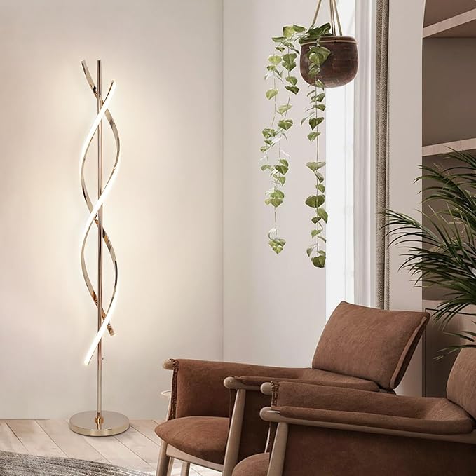 LED Modern Floor Lamp for Living Room, 40W 3 Colors Stepless Dimmable and Color-Changing Bright Floor Standing Lamp,60" Unique Spiral Floor Tall Lamp for Bedroom Office with Remote,Gold