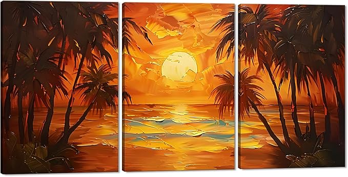 MAMAGO 3 pieces Sunset Landscape Wall Art Large Coastline Coconut Trees Oil Painting Print Modern Beach Poster Hallway Bathroom Office Apartment Decor Framed Easy to Hang-24”W x 36”Hx3pcs