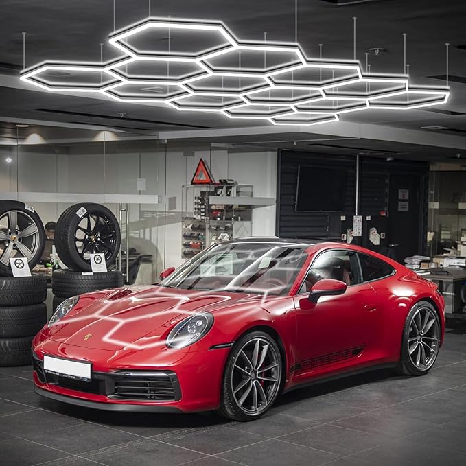 BRILLIHOOD Hexagon Garage Lights, LED Honeycomb Garage Lights, 456W, 54720LM, 6500K Super Bright, 14 Grid Systems Car Detailing Lighting for Warehouse Workshop Basement Gym