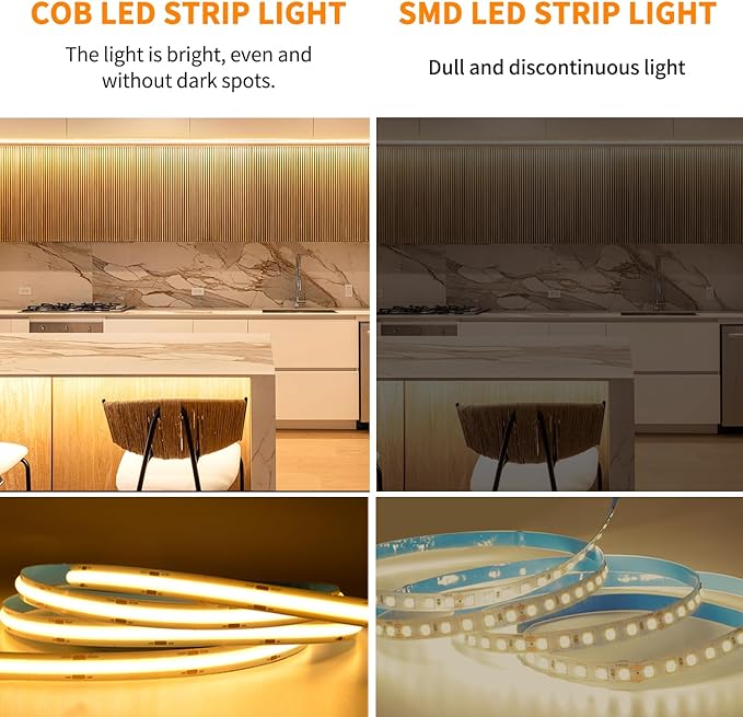 32.8ft COB LED Strip Lights DC 24V Dimmable 3000K Warm White Flexible LED Tape Light for Bedroom, with Remote and app Control LED Tape Lights,for DIY Home Decoratio