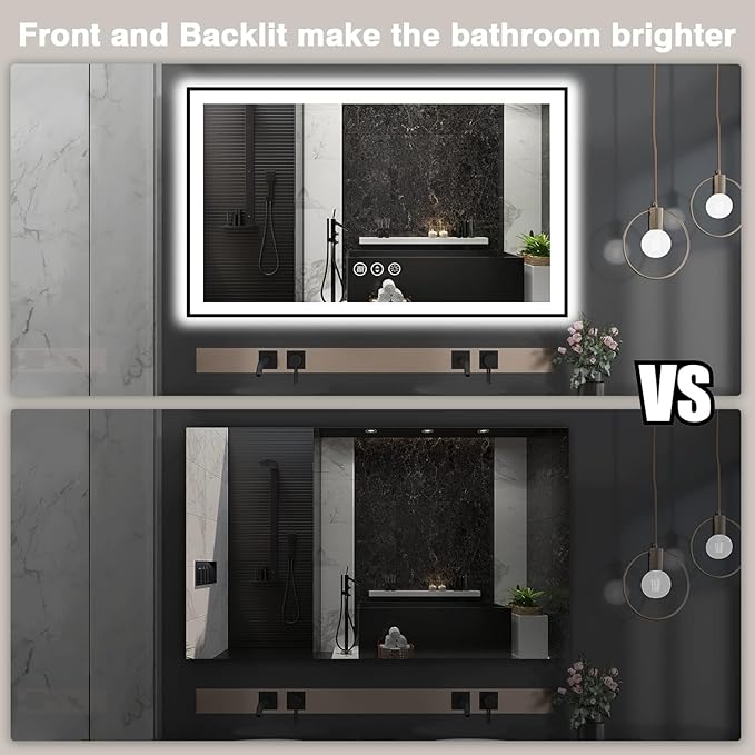 60x36 LED Bathroom Mirror - Black Aluminum Framed (Front and Backlit), Anti-Fog Smart Mirror, Stepless Dimmable, 3 Colors (Horizontal/Vertical)