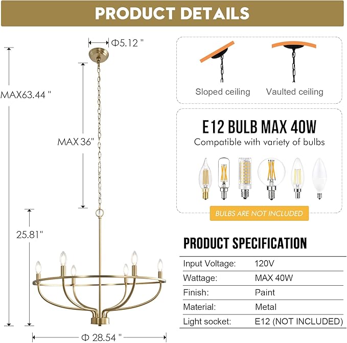 6 Light Gold Chandelier, Brushed Gold Light Fixture Dining Table Candle Brass Chandelier Lighting for Bedroom Hallway Entryway Living Room Kitchen 29in Brushed Brass Chandeliers