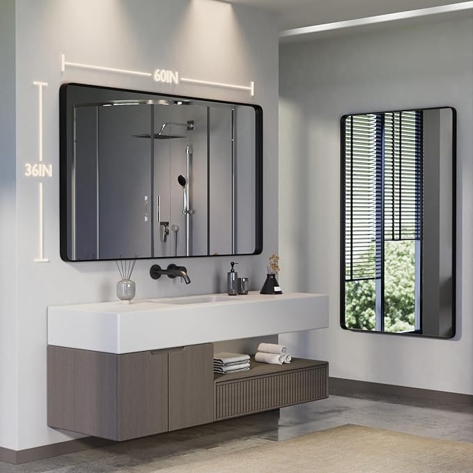 Large Bathroom Mirror for Wall, 60x36 Inch Matte Black Framed Bathroom Vanity Mirror for Farmhouse Living Room Bedroom, Anti-Rust, Tempered Glass, Rounded Corner, Horizontal/Vertical