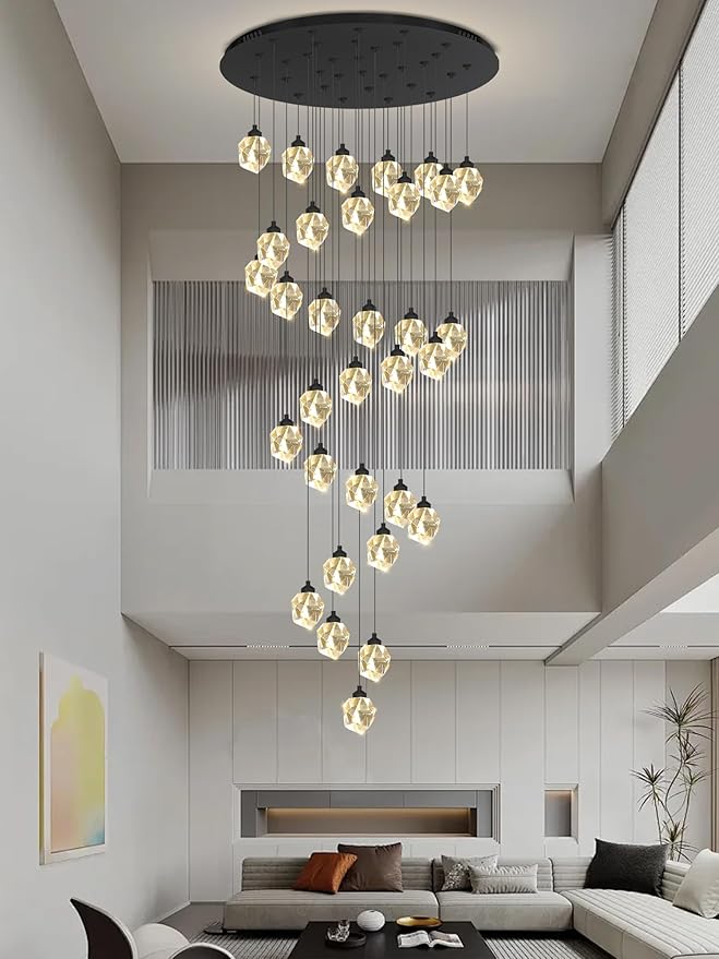 Large Black Staircase Chandelier 150 inch Long Crystal Chandelier for High Ceiling Entrance Crystal Ceiling Lighting LED Dimmable 3000-6000K 32 Light