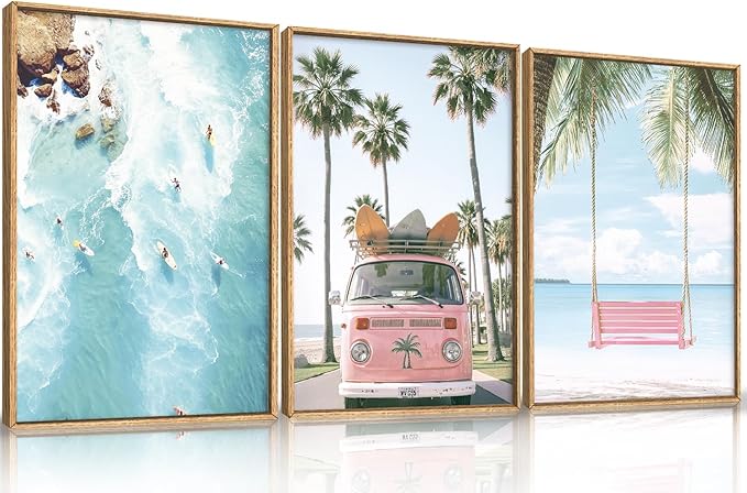 Large Summer Beach Surfing Scene Framed Canvas Wall Art Set,Coastal Pink Van and Surfboards Wall Decor,Trendy Beach Swing Palm Trees Artwork for Living Room,Bedroom-16 x24 x3