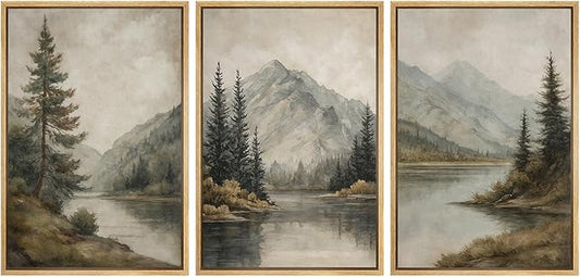 MUDECOR Framed Wall Art Print Set Mountain Landscape Nature with Trees, Lake, and Mountains, Rustic Illustrations Modern Art Decorative Colorful for Living Room, Bedroom, Office - 16"x24"x3 Natural