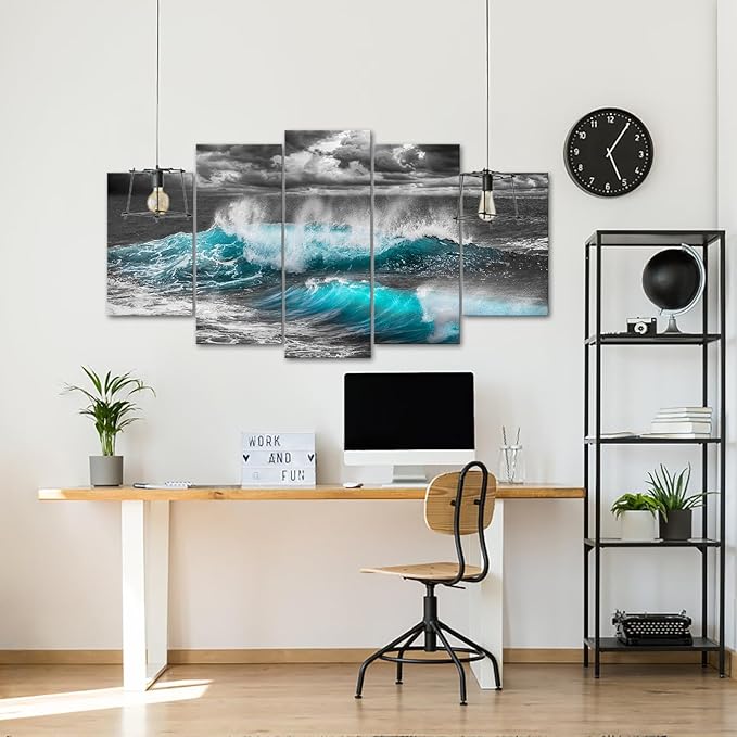 KLVOS 5 Piece Sea Waves Wall Art Black and White Blue Ocean Paintings Coastal Nautical Canvas Prints Mordern Seascape Picture Decor Giclee Artwork Gallery Wrapped Gift Living Room Bedroom Bathroom