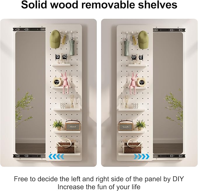 KungFuWood Full Length Mirror with Shelf and Hooks,Entry Way Mirrors for Wall,Wall Mirror with Shelf,Wall Mirror with Storage Multifunctional Design Panel,Living Room