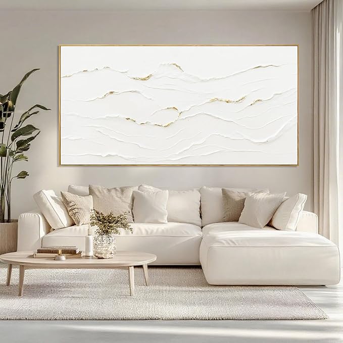 Large Wavy Line White Abstract Wall Art with Frame Minimalist Modern Hand drawn Painting Textured Poster for Living Room Dining Room Bedroom Decor 29"x58"